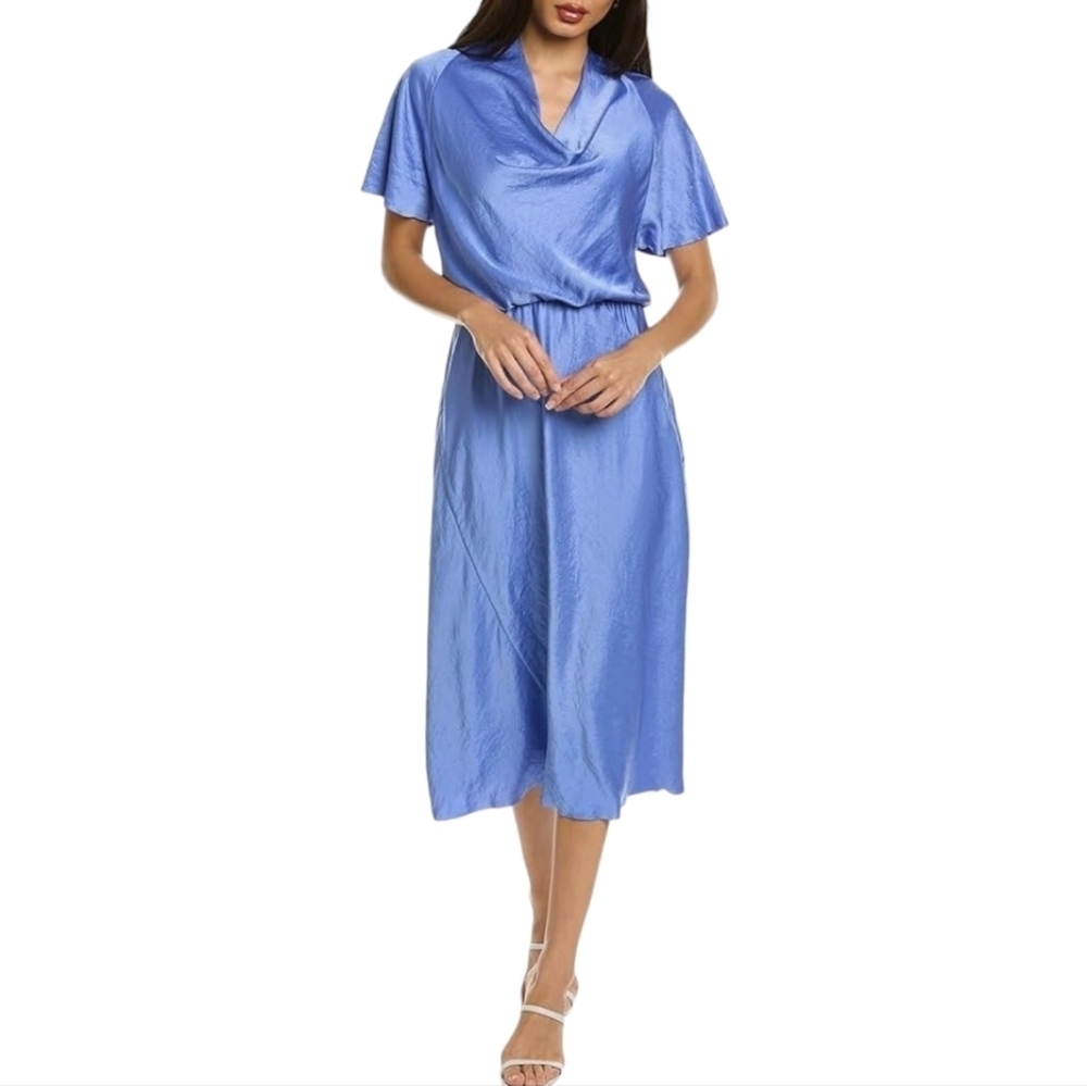 Vince Ari Blue Cowl Neck Short Sleeve Asymmetrical Hemline Dress - Size XL